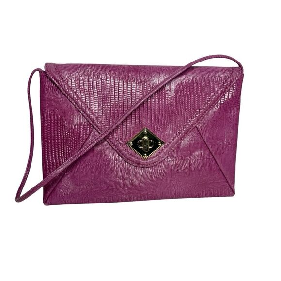 Kate Landry purple embossed leather snakeskin turnlock envelope clutch bag - Picture 2 of 16